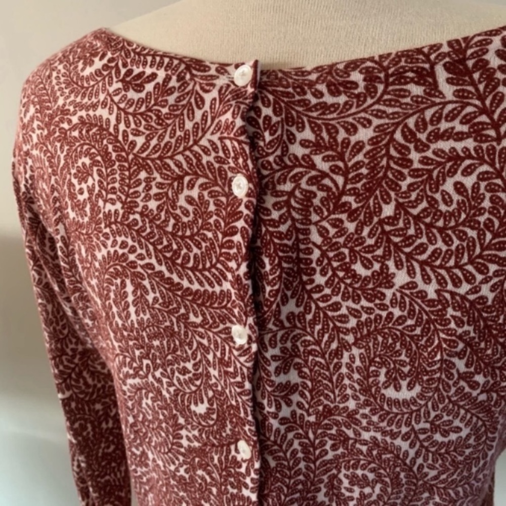 LOFT Burgundy Leaf Print Knit Back Buttons Cardigan Size Medium